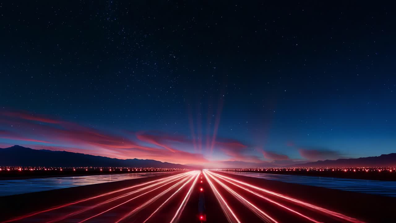 A Serene Night Sky with Brilliant Starry Landscape and Radiant Light Trails Stretching Over an Endless Horizon at Dusk Amidst Mountain Silhouettes