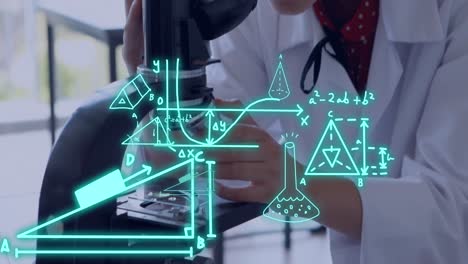 Animación-Del-Procesamiento-De-Datos-Científicos-Sobre-Una-Científica-Caucásica-Con-Microscopio