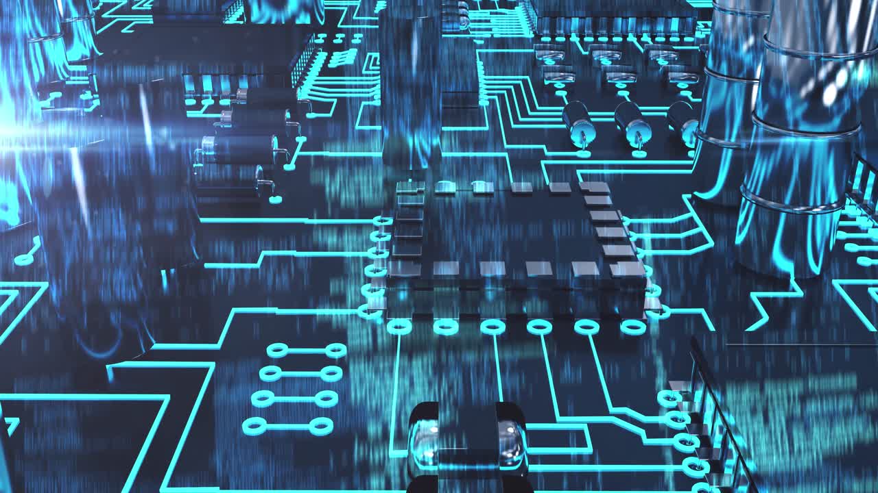 Animation of computer circuit board elements over blue background