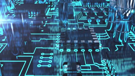 animación de los elementos de la placa de circuitos de computadora sobre un fondo azul