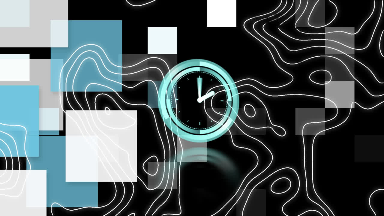 Animation of clock moving fast over statistics and financial data processing