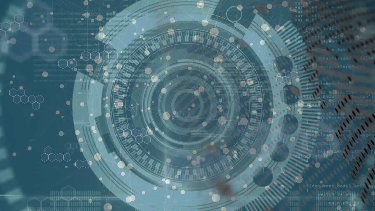 녹색 바탕에 있는 프로세싱 원, 분자 및 글로브의 애니메이션