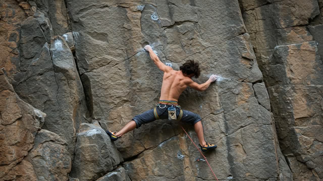 A daring climber showcases exceptional strength and skill as they ascend a challenging rock face, demonstrating the thrill of outdoor sport and personal achievement.