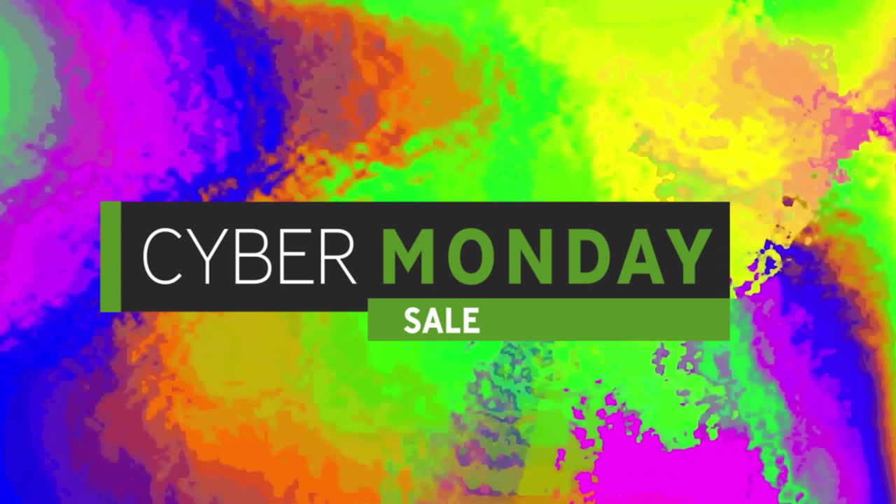 Animazione di testo 'Cyber Monday Sale' su sfondo con motivo vivace