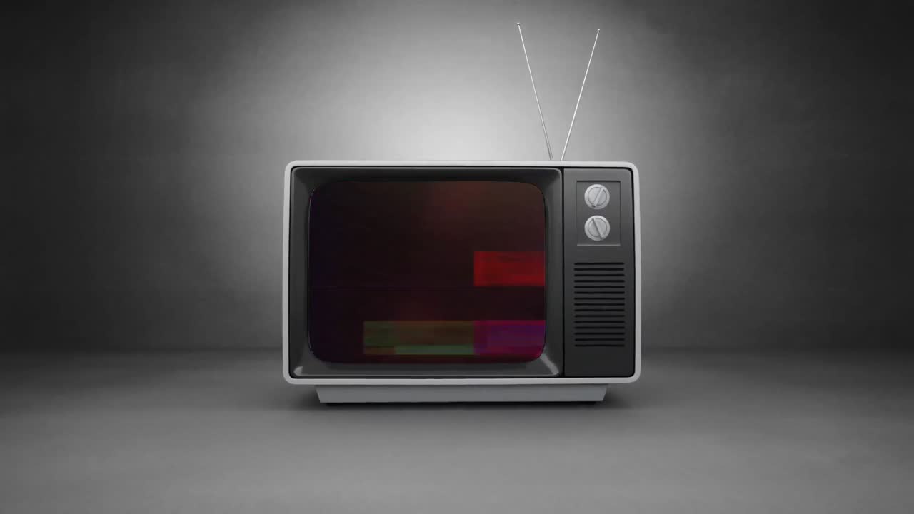 Vecchia TV che si accende con animazione sullo schermo e uno sfondo grigio