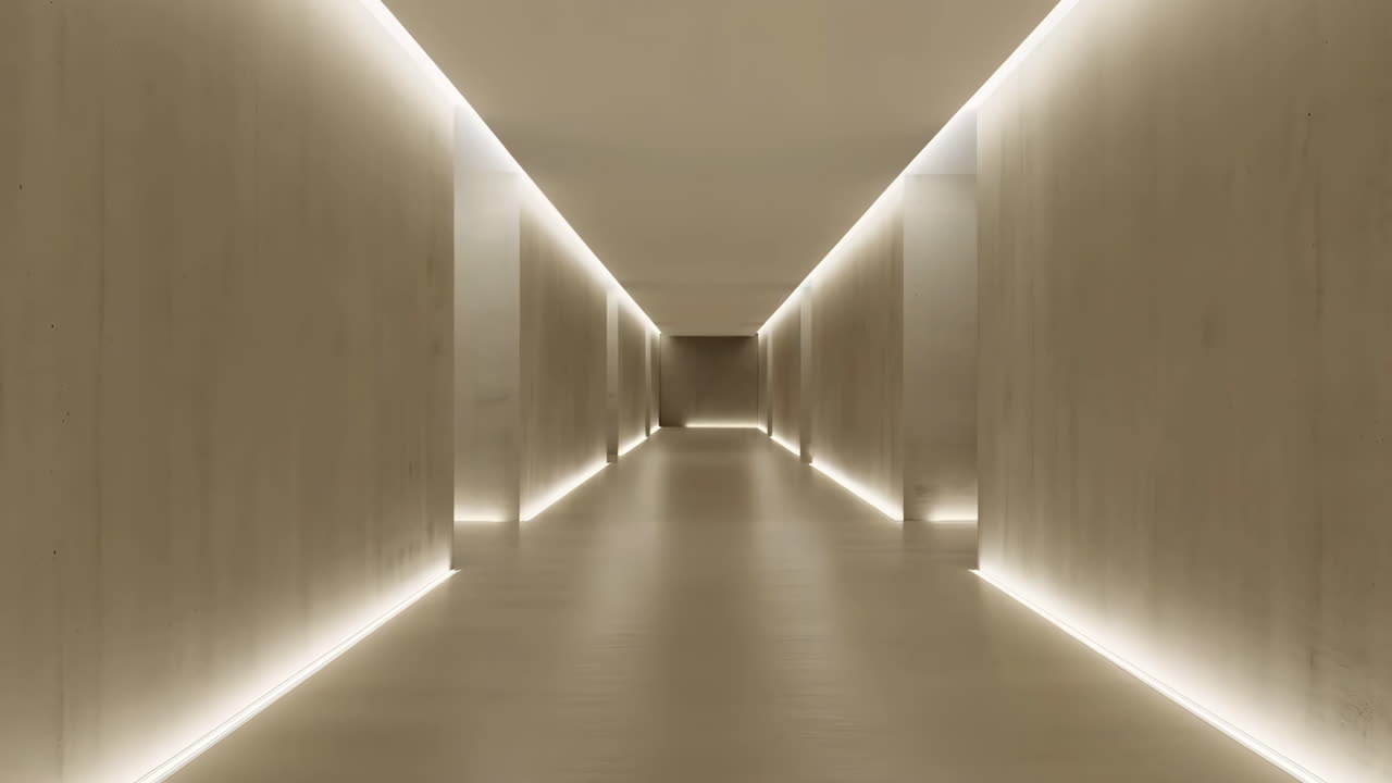 Lungo corridoio moderno con illuminazione a strisce simmetrica