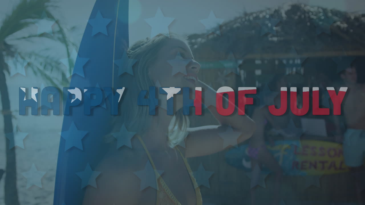 해변에서 서핑 보드를 가진 백인 여성에 대한 독립기념일 문자