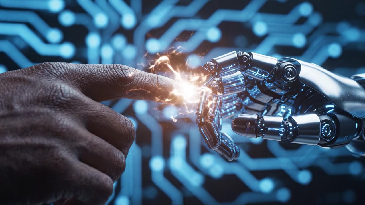 A Pioneering Interaction Between Human and Robotic Hands, Showcasing the Fusion of Technology and Humanity in a Digitally-Connected World of Innovation