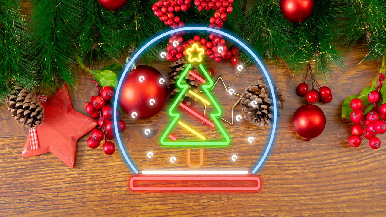 animación de neon chritmas globo con árbol sobre fondo de madera con decoraciones