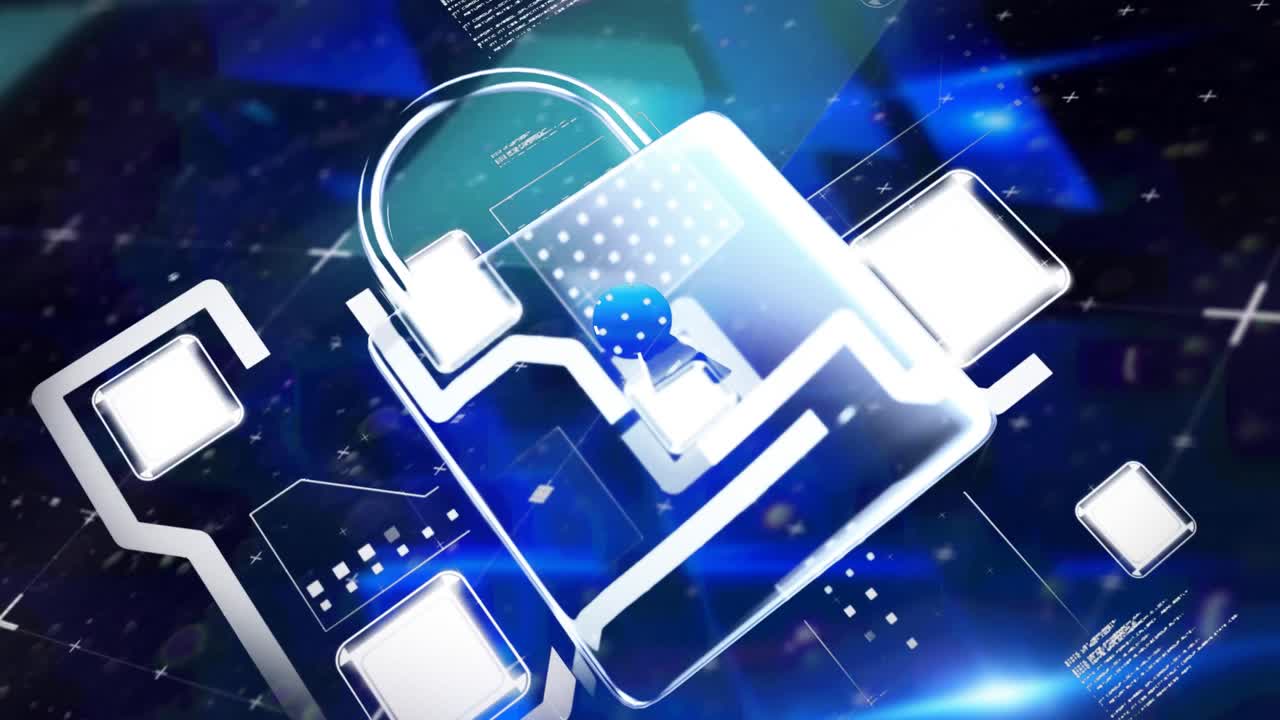 Animation of online security padlock with data processing in background