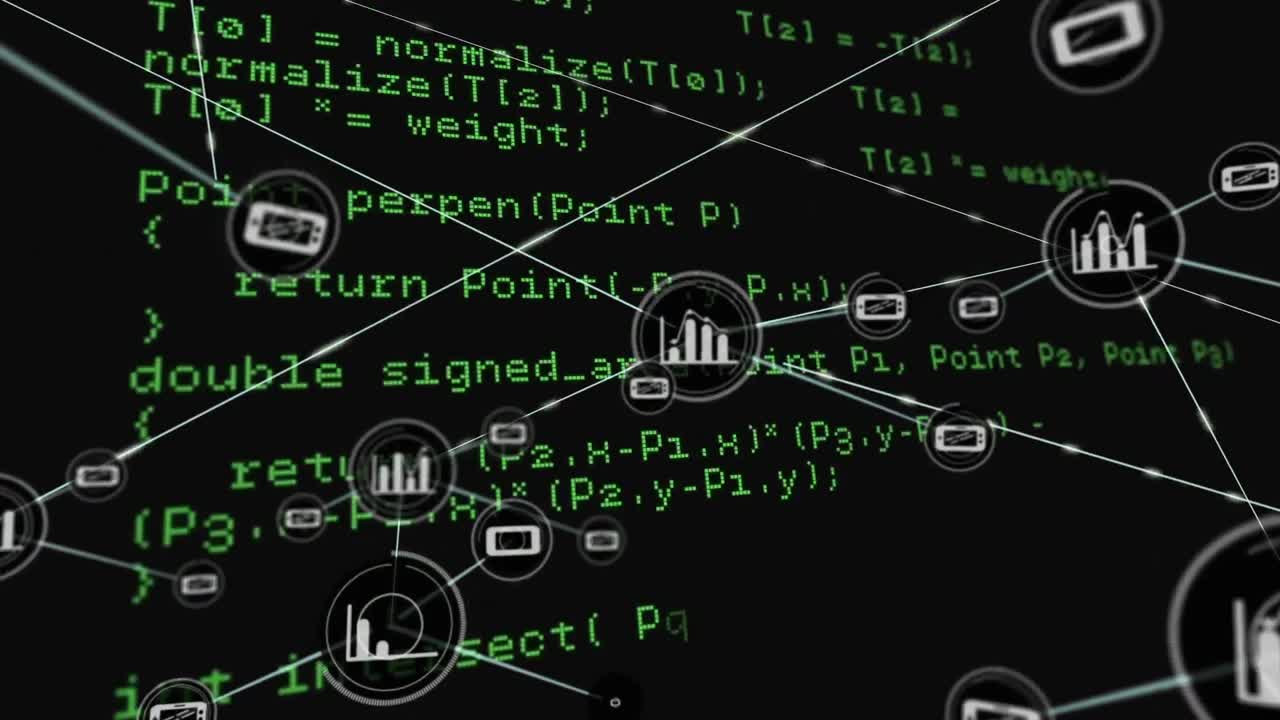 Animation of graph and cellphone connected icons over computer language against black background