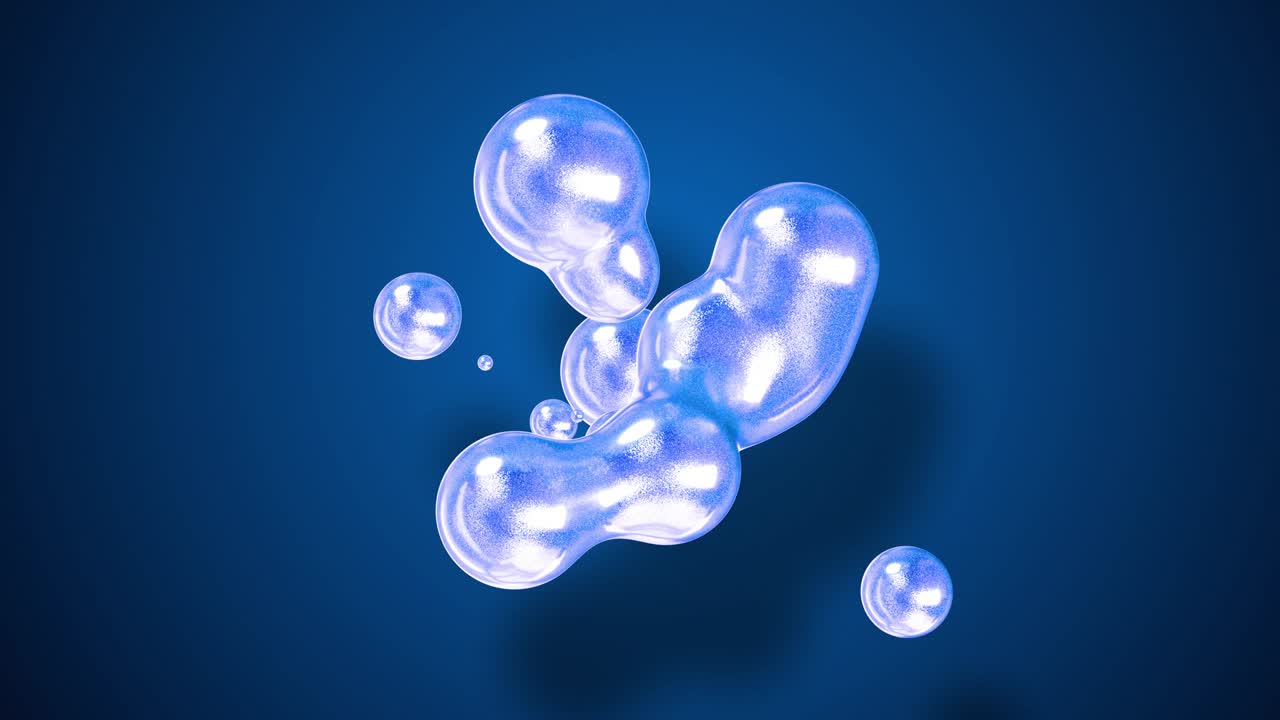 amasing abstract background of metaballs as if drops of glass or spheres filled with blue sparkles merge together and scatter, cyclically in 4k. Looped seamless flowing animation with glisten bubbles.