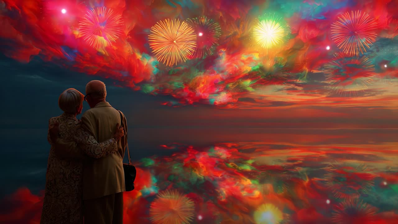 A Serene Moment of Intimacy: A Couple Enjoying a Vibrant Sunset Reflection with Colorful Fireworks Lighting Up the Sky, Creating a Dreamlike Atmosphere of Love and Togetherness