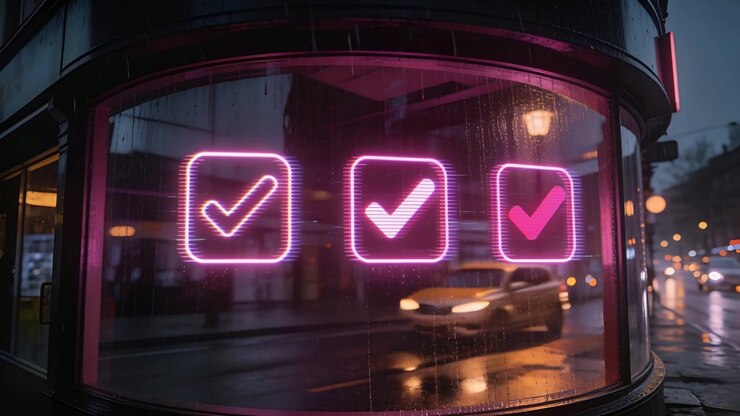 Glowing three neon checkmarks on curved glass at night with raindrops, cars producing reflections