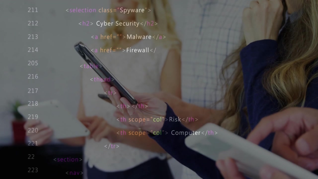 Business Professionals Collaborating on Digital Devices with Cyber Security Code Overlay