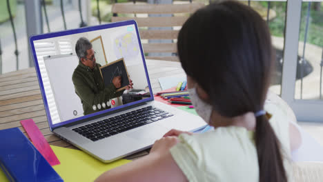 colegiala caucásica con máscara facial usando una computadora portátil en una videollamada con un profesor masculino