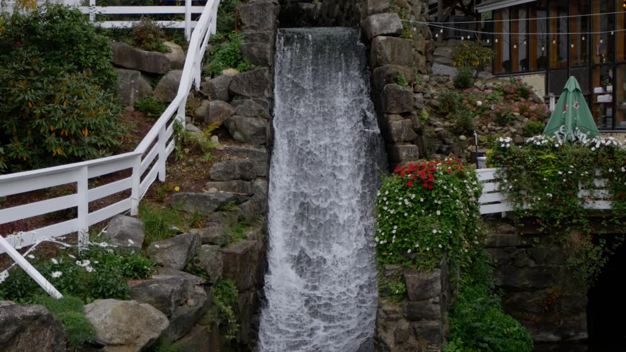 una pequeña cascada corre cerca de un patio y florece cuando la cámara se inclina hacia su base