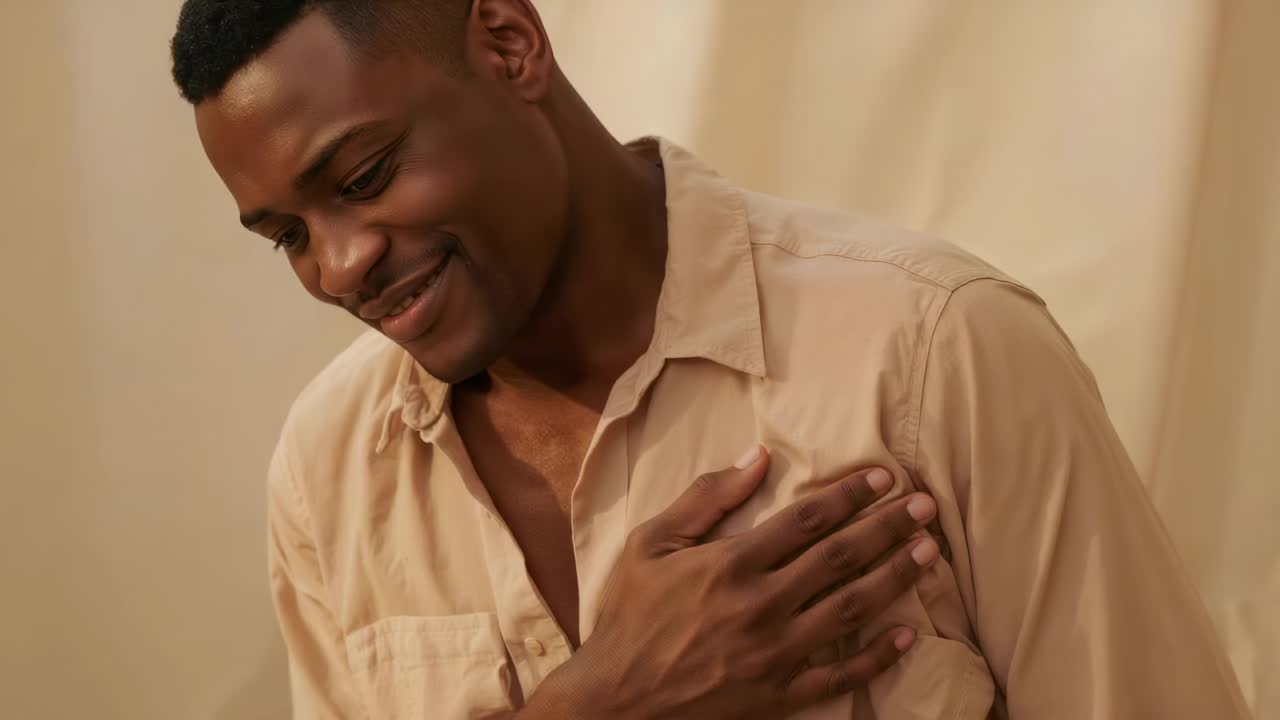 Smiling man in beige shirt at studio set responding to camera widening, lowering hand from chest