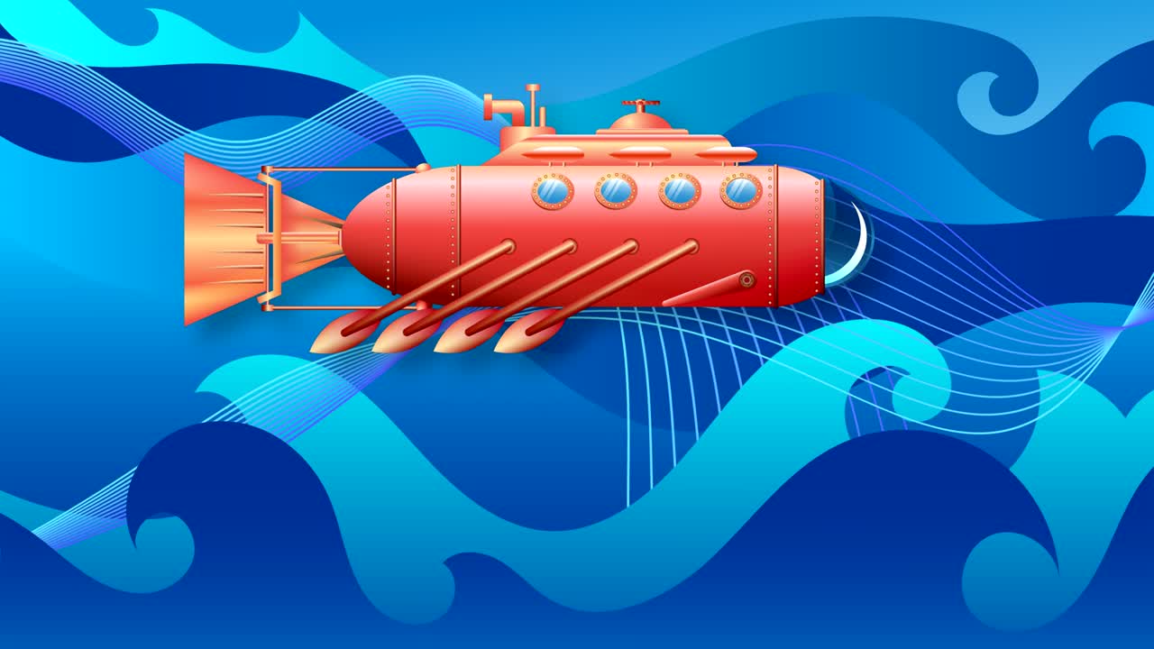 A submarine is sailing horizontally with oars deep in the ocean