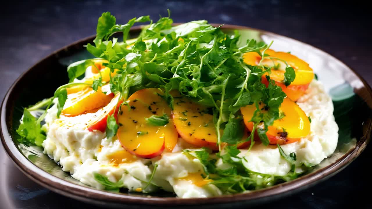 Sliced peaches are beautifully arranged on a bed of fresh ricotta cheese, topped with vibrant arugula, creating a light and flavorful summer salad