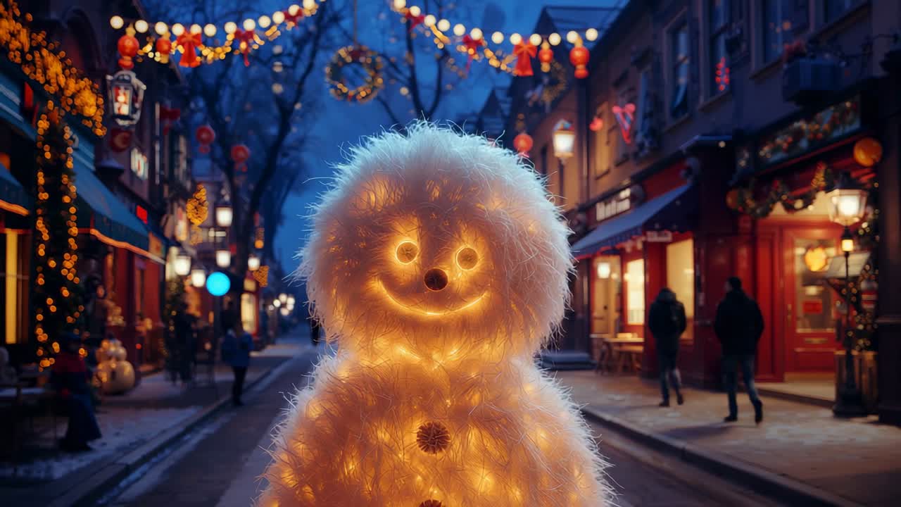 Pulling back camera revealing glowing snowman sculpture on street at night with red gold lanterns