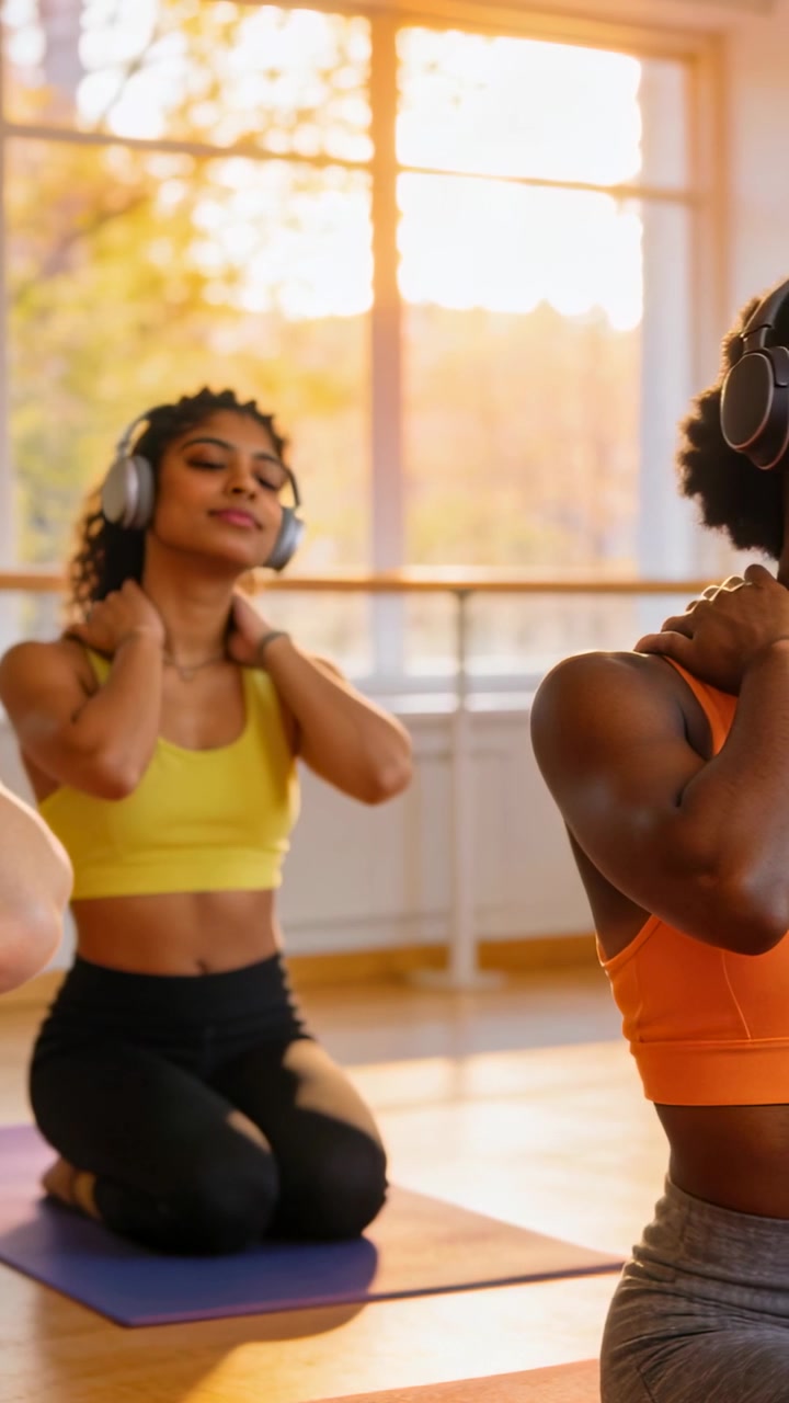 Vertical video: Performing woman in yellow top warming up neck on mat after headphone cue in studio