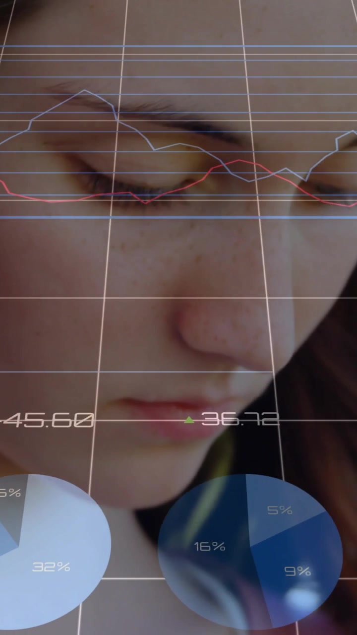 Vertical video: Female teen tapping smartphone in park, checking tech while HUD updating charts
