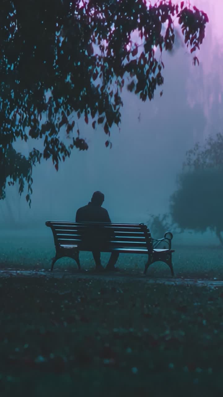 A solitary figure sits on a park bench, immersed in deep thought as the ethereal fog envelops the surroundings, creating a serene yet melancholic atmosphere