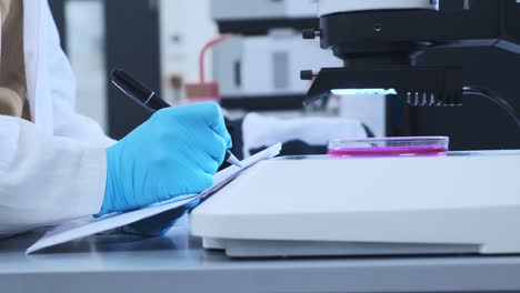 científico de cerca con guantes de goma tomando notas del experimento microbiológico. la placa de petri con la muestra está bajo el microscopio.