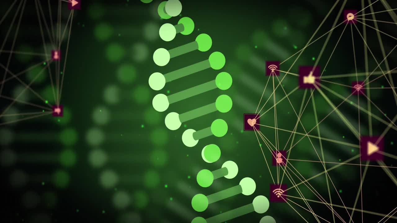 색 배경 위에 회전하는 dna 줄과 연결 네트워크의 애니메이션
