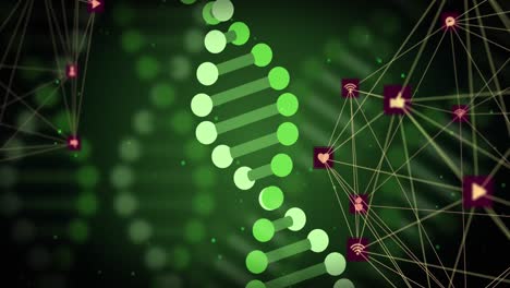 animation of spinning dna strand and network of connections over white background