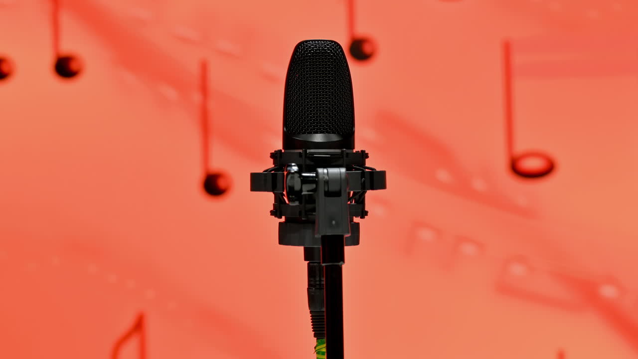 Close-up of microphone on a red background on the backstage of a TV set