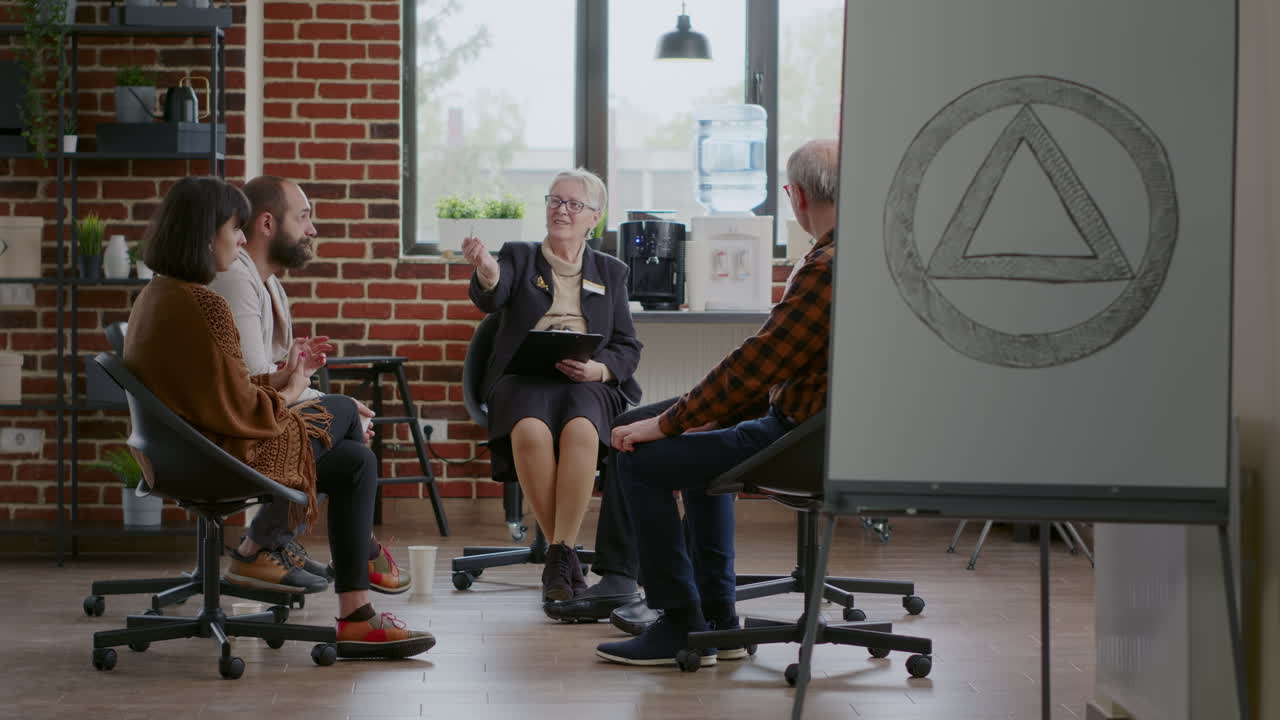 People meeting psychiatrist to discuss recovery at aa group therapy session