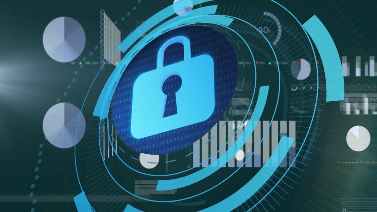 animación de un candado en círculo con múltiples gráficos, datos del mercado de valores y lenguaje informático