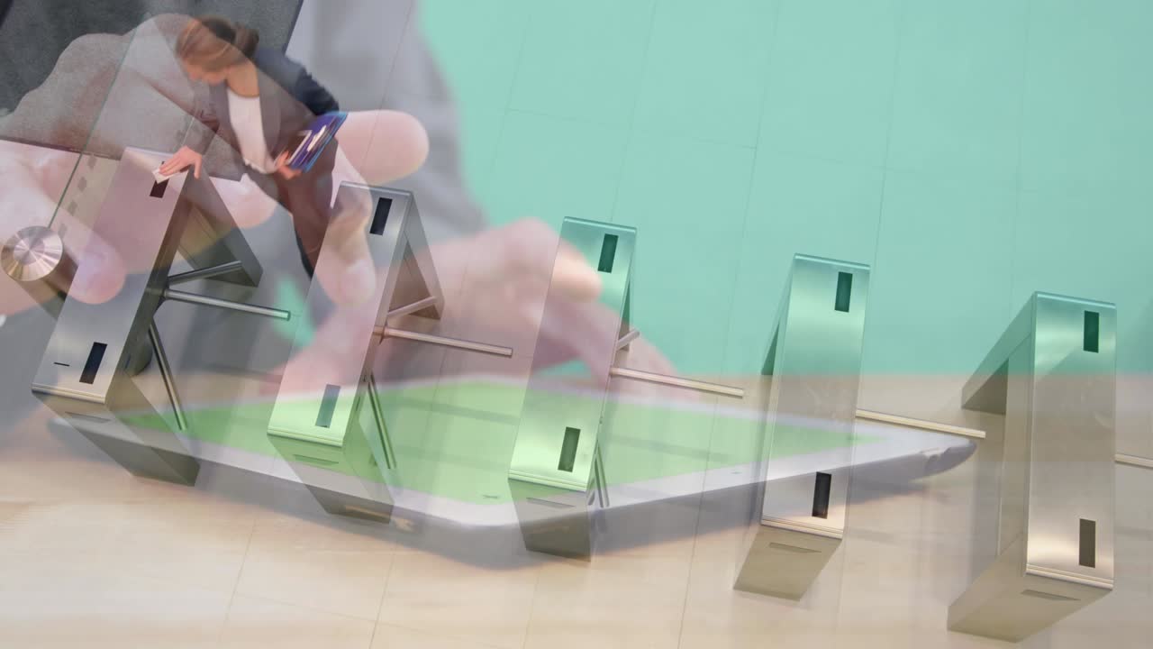 animación de manos usando tableta sobre mujeres de negocios caminando a través de torniquetes