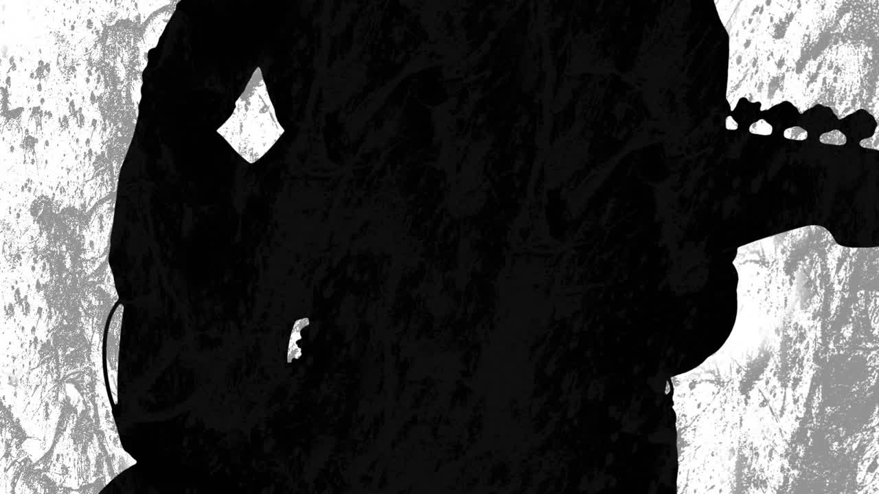 animación de formas grises y blancas que se mueven sobre la silueta de un hombre tocando la guitarra