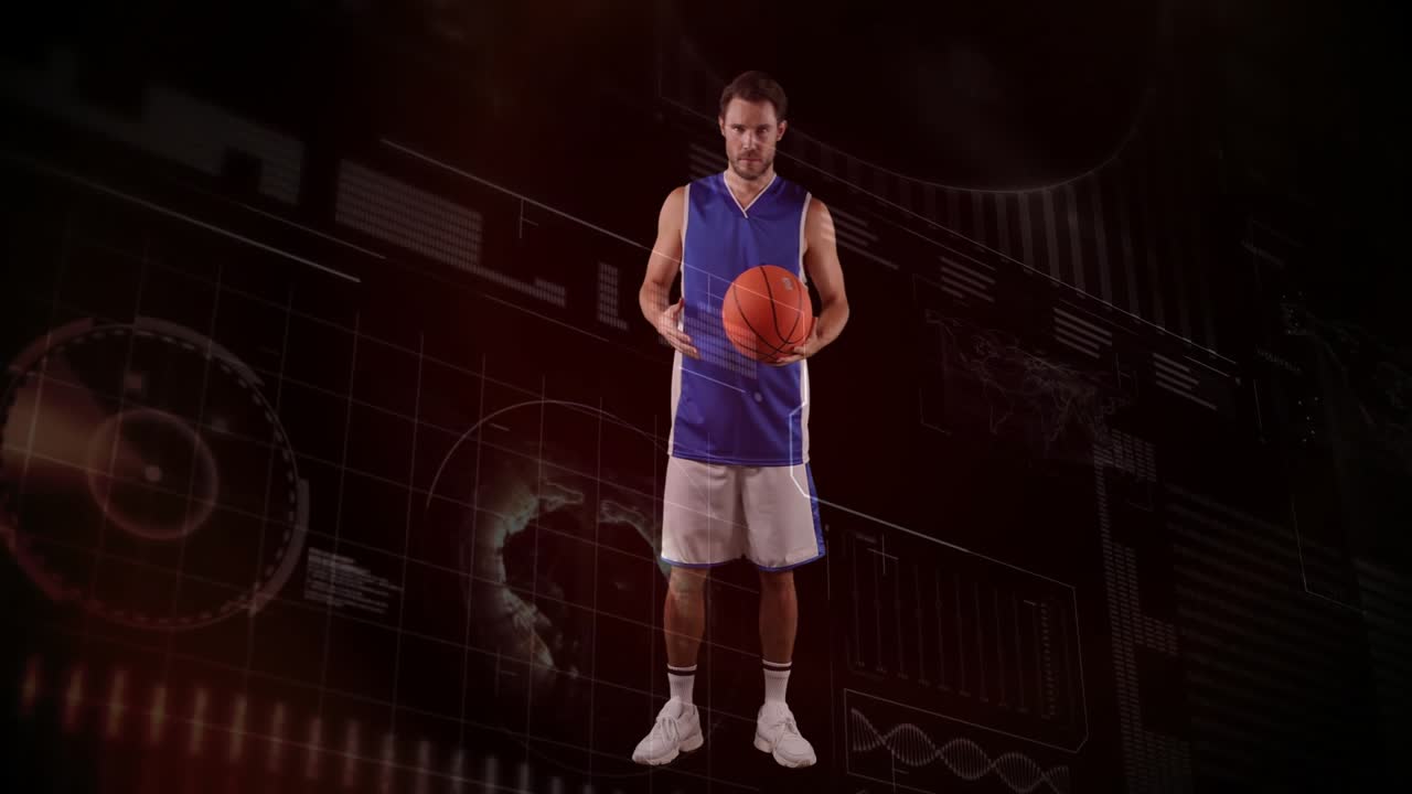 Giocatore di basket che dimostra uno spin cambiando la presa e facendo girare la palla, con sovrapposizioni di tecnologia sportiva.