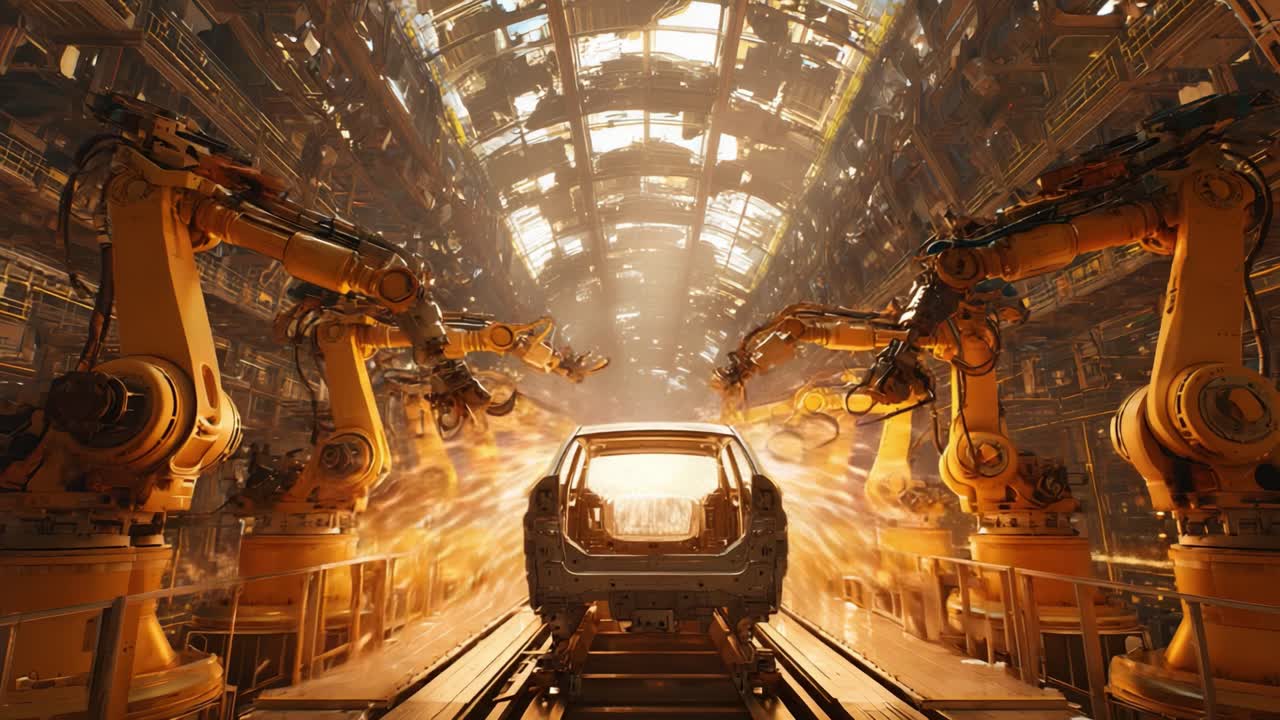 Catena di montaggio dinamica con bracci robotici impiegati nella produzione di automobili, sfondo illuminato e scintille che volano, catturando l'essenza dell'automazione moderna