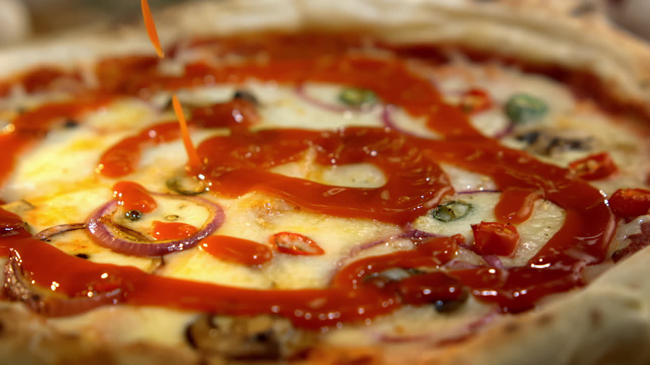 Pizza con ketchup e cipolla rossa