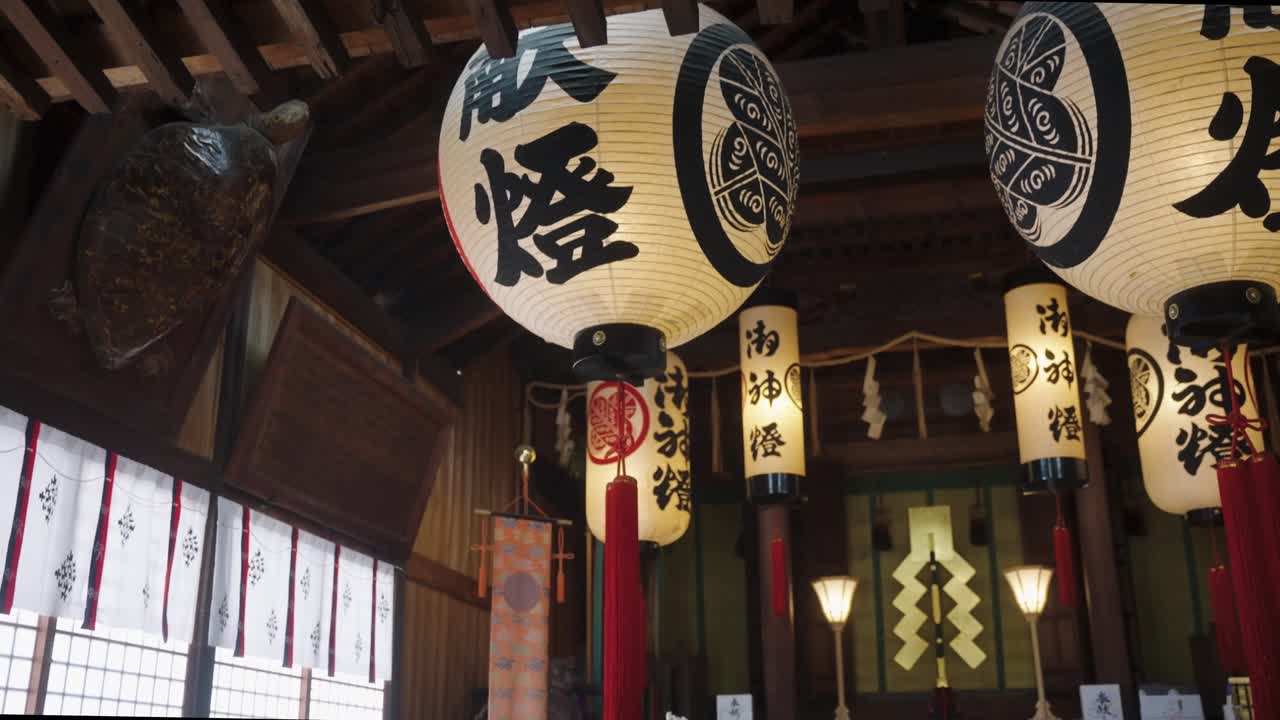 Japanese Shrine Interior with Lanterns and Offering, Religious Background Shot