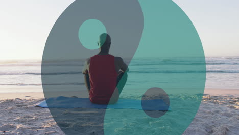 animation of ying yang symbol over senior african american man sitting on sunny beach