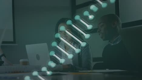 Animation-of-dna-strand-over-diverse-business-people-in-office