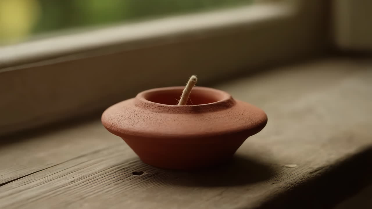 Lucerna a olio in terracotta spenta con stoppino su un davanzale di legno