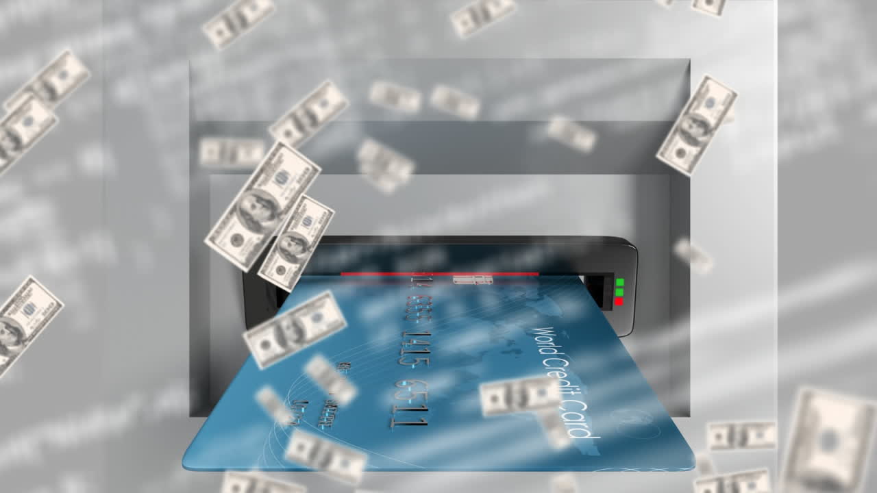 미국 달러 지폐 가 atm 기계 에 있는 신용 카드 위 에 떨어지는 애니메이션