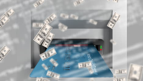 animación de billetes de dólar estadounidense que caen sobre la tarjeta de crédito en el cajero automático