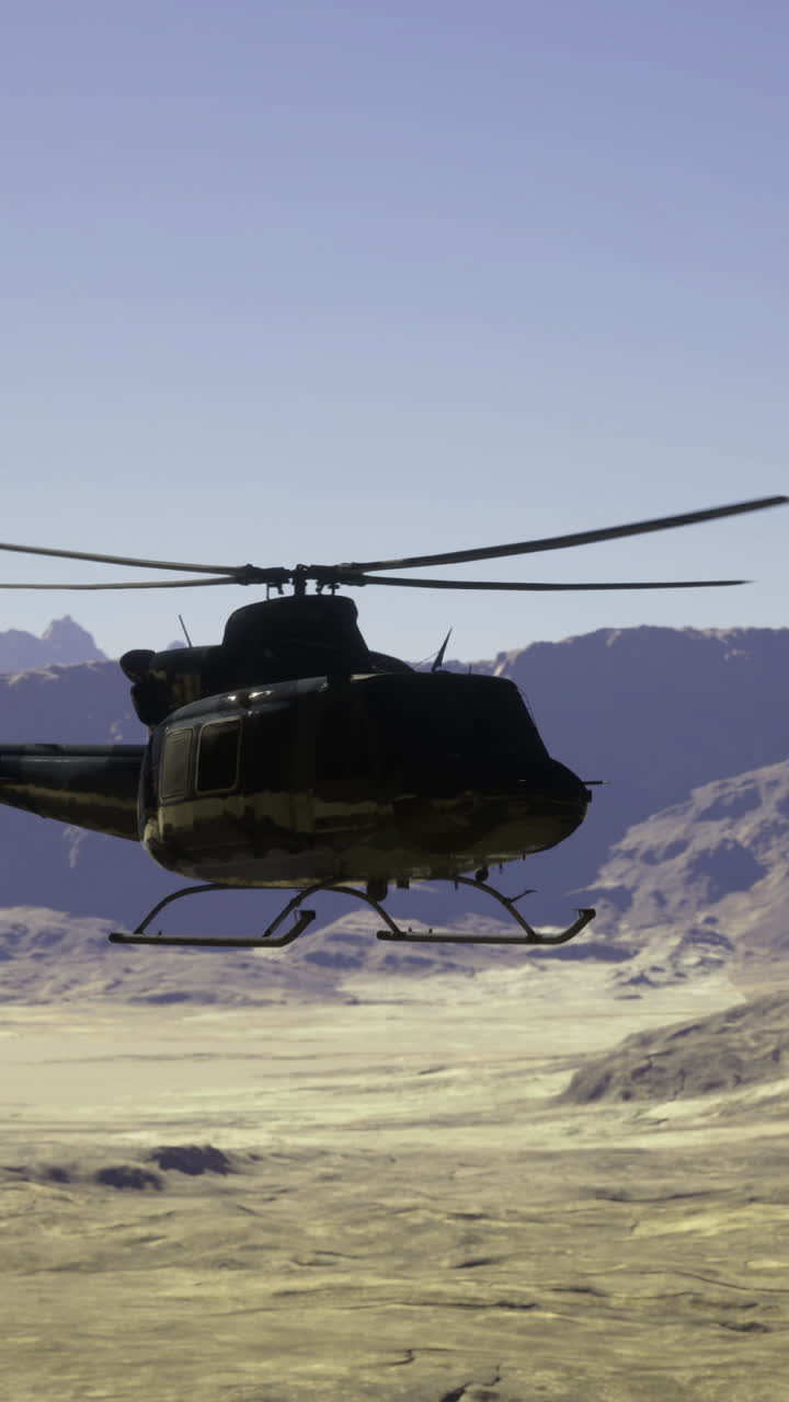 Helicopter flying over rugged mountain terrain in broad daylight