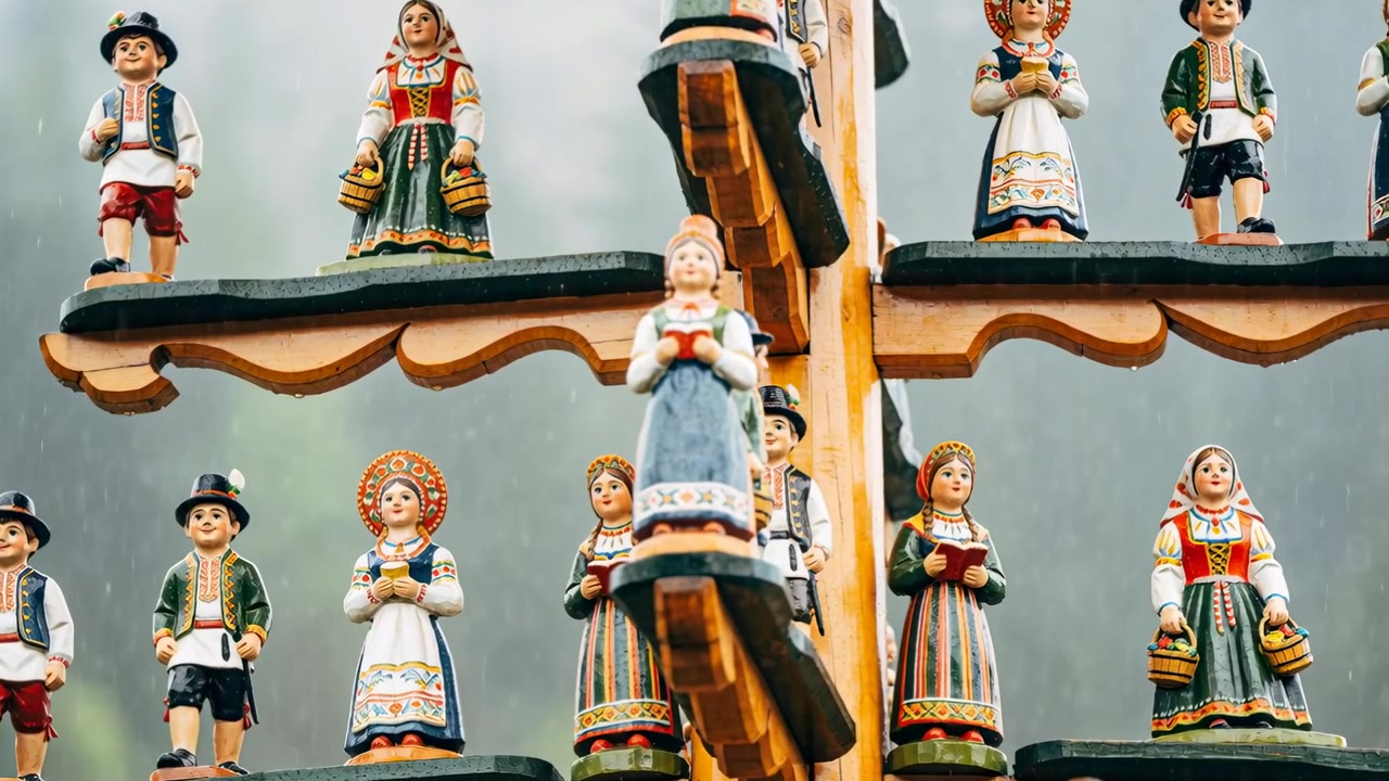 Inizia la rotazione, statuette folcloristiche su un supporto a più livelli che ruotano, mostrando abiti ricamati e un fuso