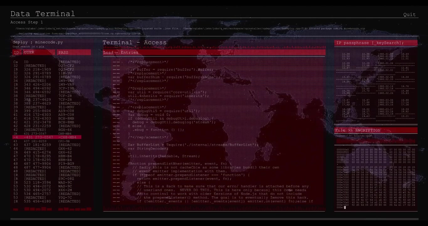 Animation of computer language in terminal interface and map over black background