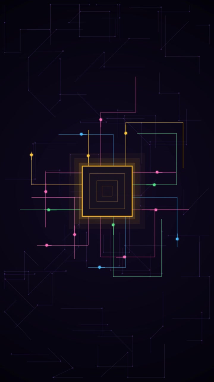 Central processor glows as colorful signals travel along electronic pathways, vertical artificial intelligence background