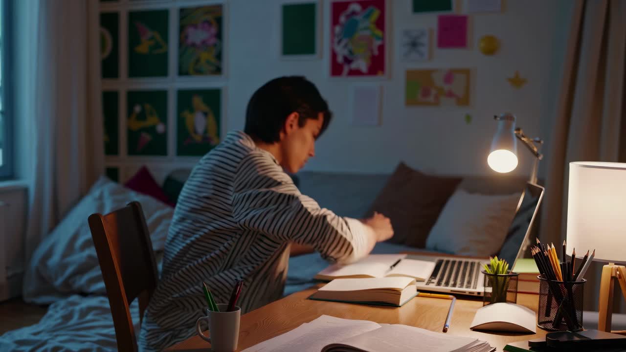 A cozy video scene of a person studying at a desk in a dimly lit room, captured from a side angle
